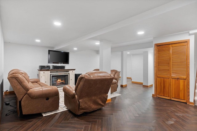 living room featuring dark parquet floors