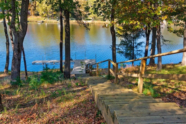 view of yard featuring a water view and a dock