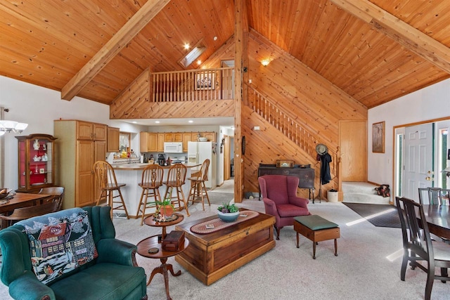 331 Robindale Ct, Nekoosa, WI 54457 - living area featuring light carpet, beam ceiling, wood ceiling, high vaulted ceiling, and wooden walls