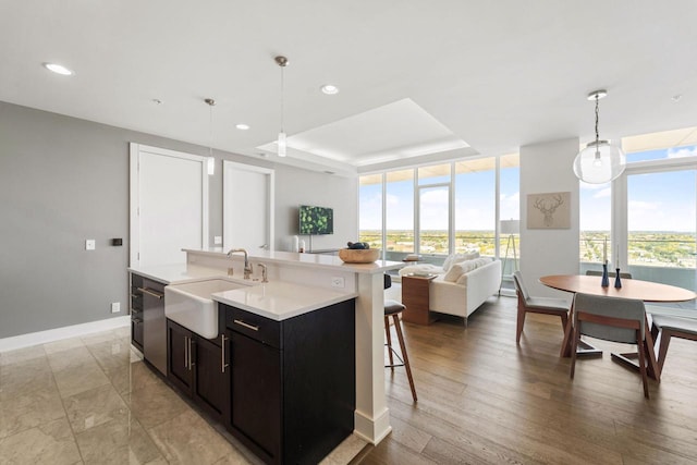 kitchen featuring hanging light fixtures, a kitchen island with sink, sink, and light hardwood / wood-style flooring