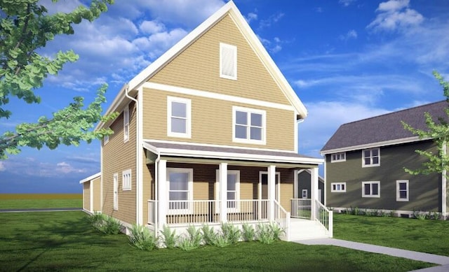 view of front of home with a porch and a front lawn