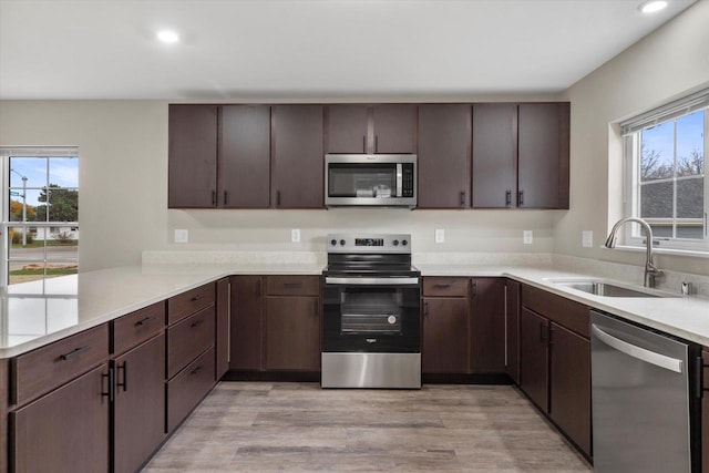 kitchen featuring a healthy amount of sunlight, sink, stainless steel appliances, and light hardwood / wood-style flooring