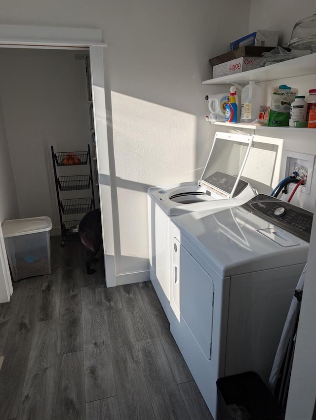 washroom featuring washing machine and clothes dryer and dark hardwood / wood-style floors