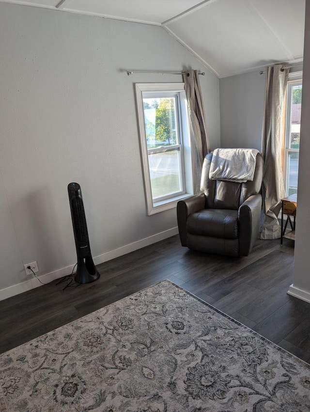 sitting room featuring plenty of natural light, dark wood-type flooring, and vaulted ceiling