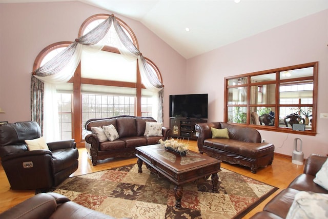 living room with lofted ceiling and hardwood / wood-style floors