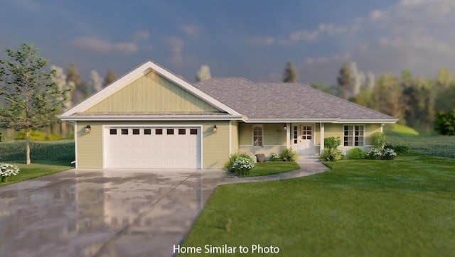 view of front of property with a garage, a porch, and a front yard