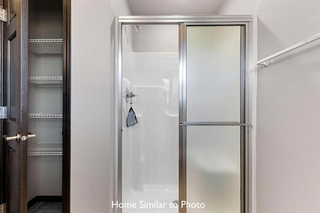 bathroom with a shower with shower door