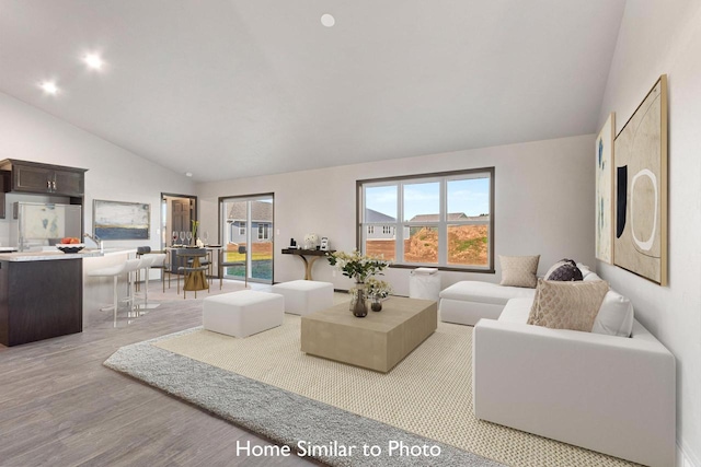 living room with high vaulted ceiling and light hardwood / wood-style flooring