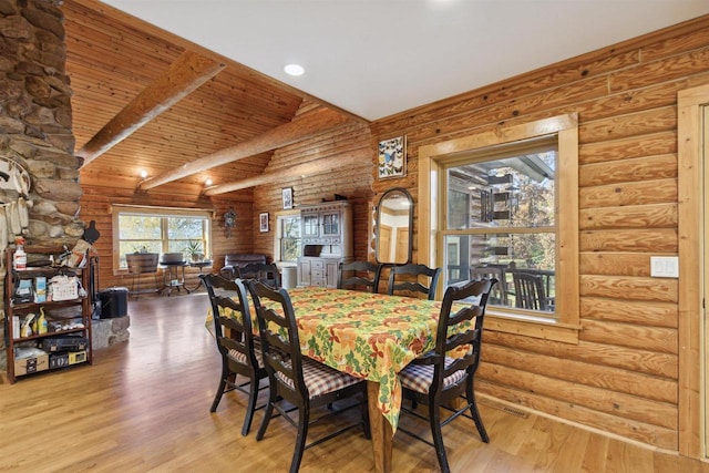 dining area with light hardwood / wood-style flooring, beamed ceiling, wooden ceiling, and rustic walls