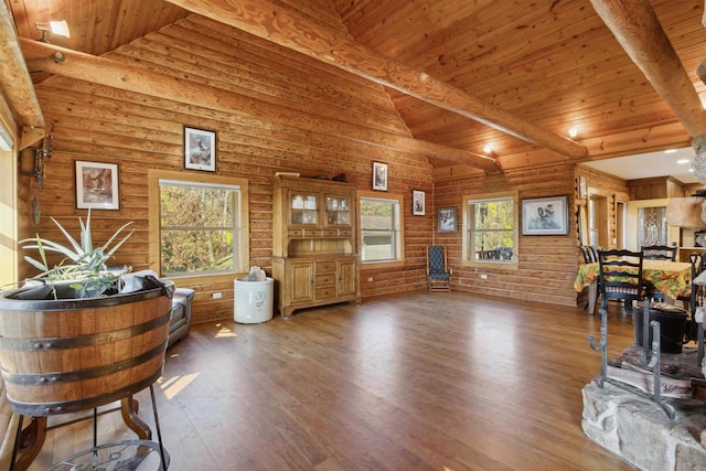 interior space featuring beam ceiling, wood-type flooring, and wooden ceiling