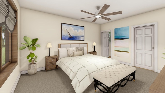 bedroom featuring ceiling fan, carpet floors, and access to outside