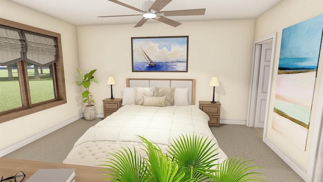 bedroom with ceiling fan and light colored carpet