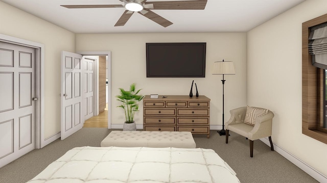 bedroom with ceiling fan and light colored carpet