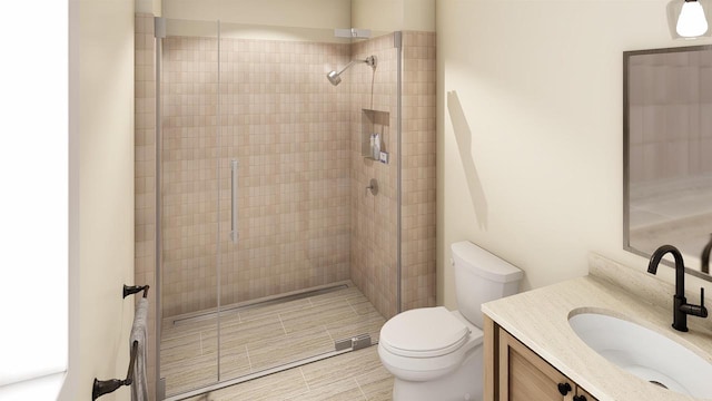 bathroom featuring toilet, a shower with door, and vanity