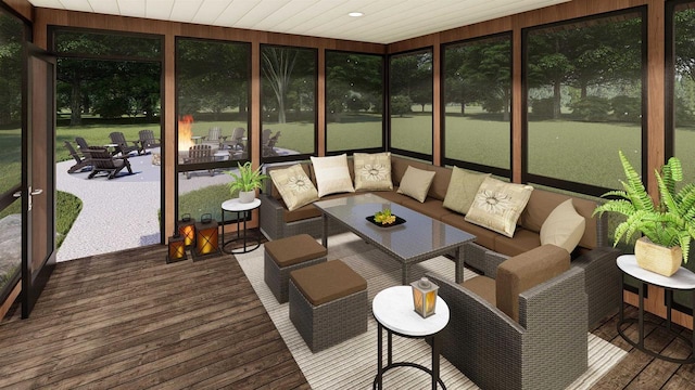 sunroom featuring wood ceiling