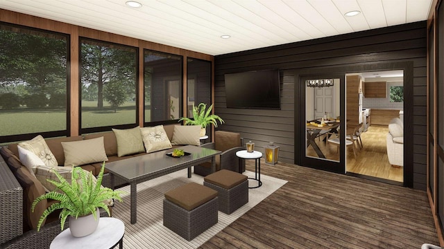 sunroom with wood ceiling