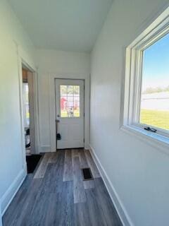 doorway with dark wood-type flooring