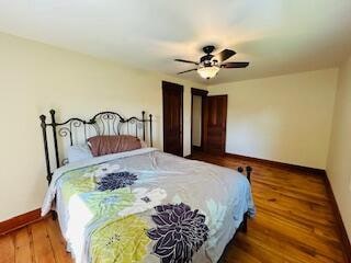 bedroom featuring wood-type flooring and ceiling fan