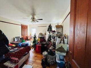 miscellaneous room with light hardwood / wood-style floors and ceiling fan