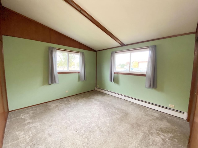 carpeted spare room with lofted ceiling with beams and a baseboard radiator