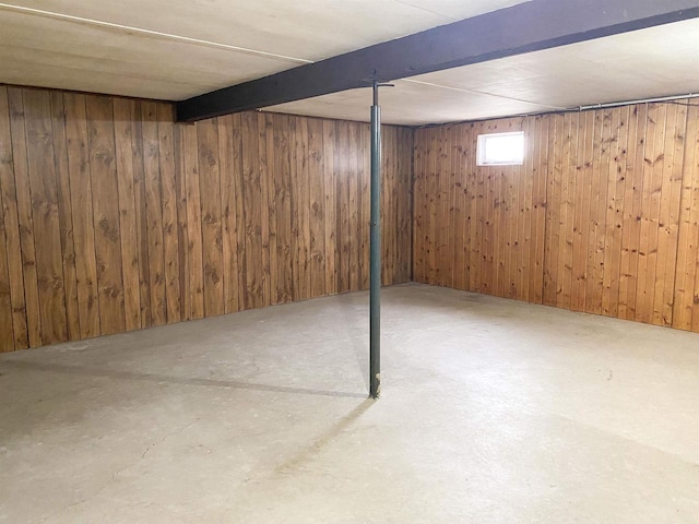 basement featuring wood walls