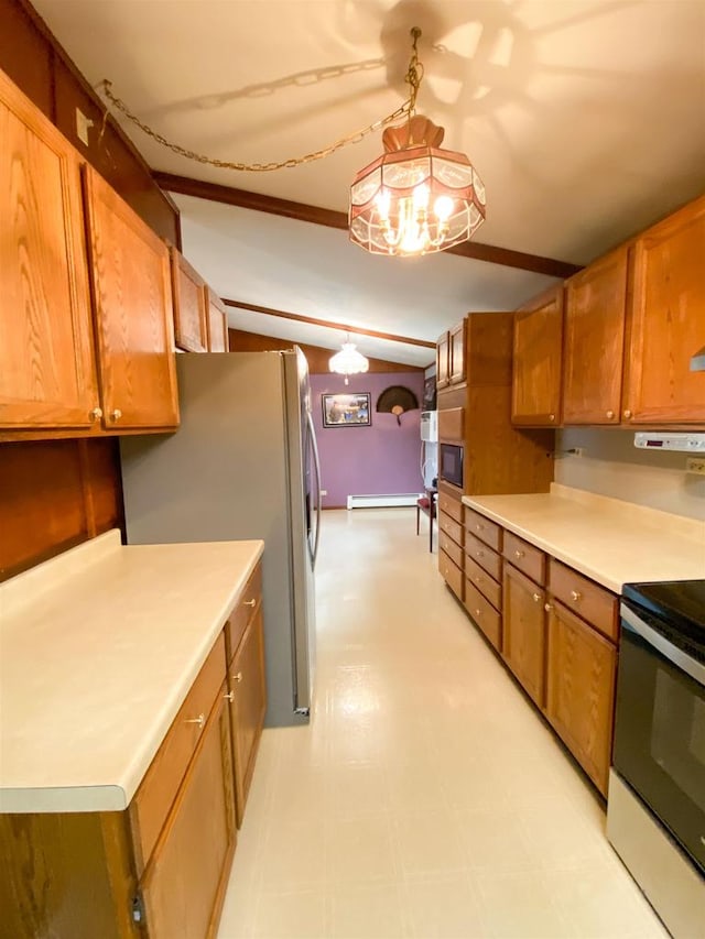 kitchen with electric range, pendant lighting, black microwave, ornamental molding, and baseboard heating