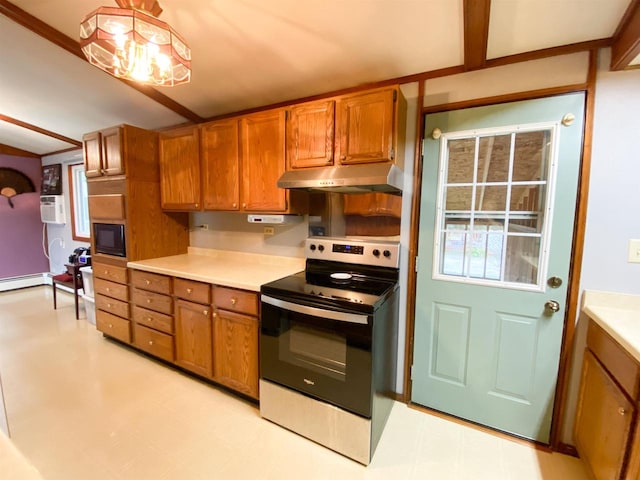 kitchen featuring hanging light fixtures, black microwave, a baseboard radiator, and electric range