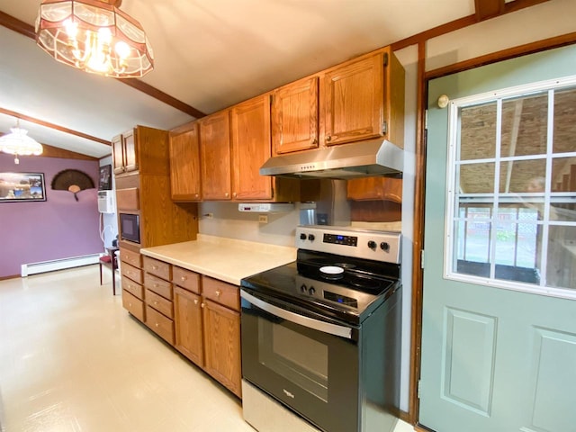 kitchen with stainless steel range with electric cooktop, decorative light fixtures, a baseboard heating unit, and black microwave