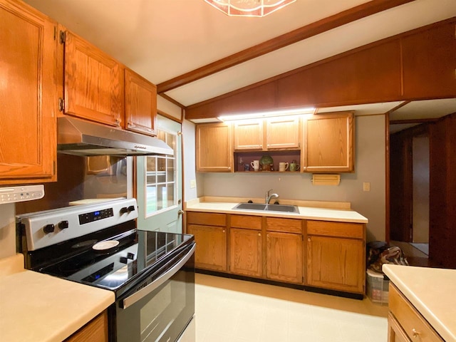 kitchen featuring vaulted ceiling with beams, stainless steel electric range oven, and sink