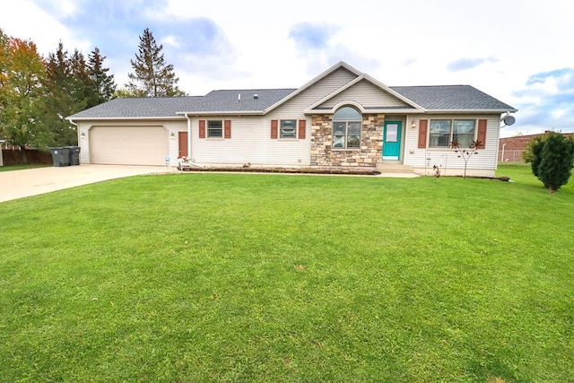 ranch-style home featuring a garage and a front yard