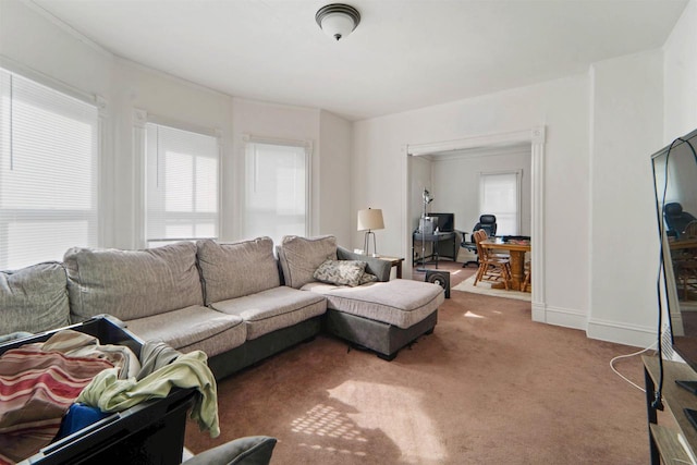 living room with plenty of natural light and carpet floors