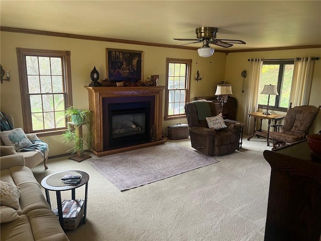 carpeted living room with ceiling fan, plenty of natural light, and ornamental molding