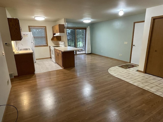 kitchen with white appliances, sink, light hardwood / wood-style flooring, and plenty of natural light