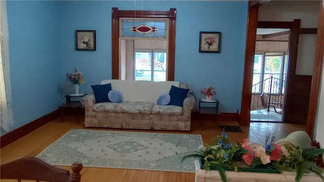 living area with hardwood / wood-style floors