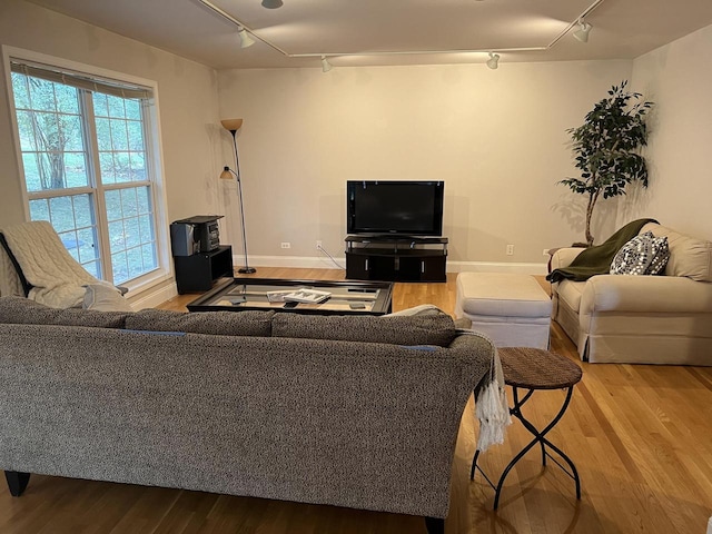 living room featuring hardwood / wood-style floors and track lighting