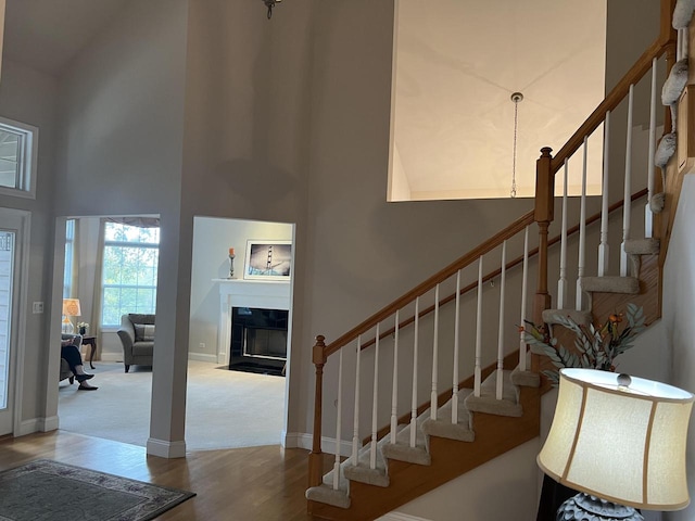 staircase with hardwood / wood-style flooring and a towering ceiling