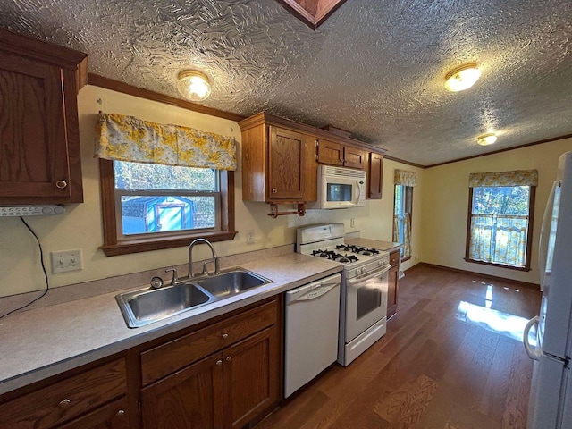 kitchen with white appliances, sink, dark hardwood / wood-style floors, ornamental molding, and a textured ceiling