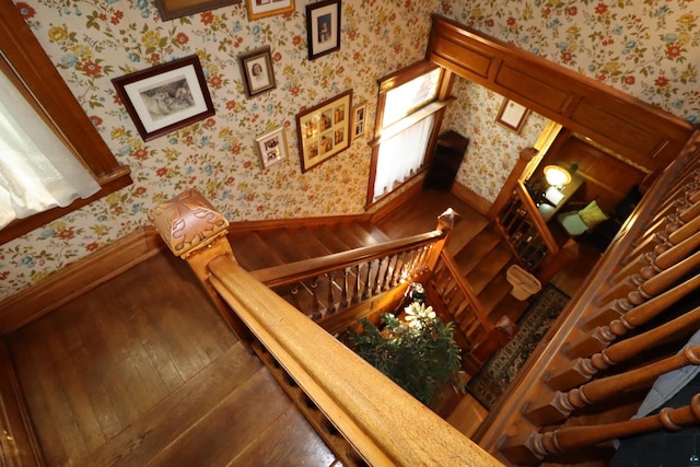 stairs with hardwood / wood-style flooring