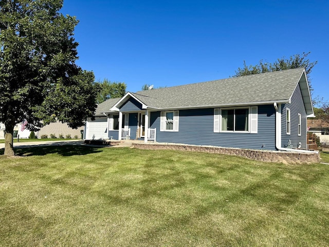 ranch-style house featuring a front yard and a porch