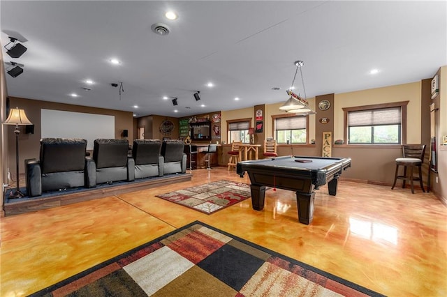 rec room featuring pool table and bar area