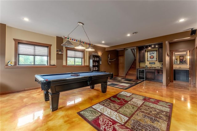 playroom featuring beverage cooler, billiards, and wet bar