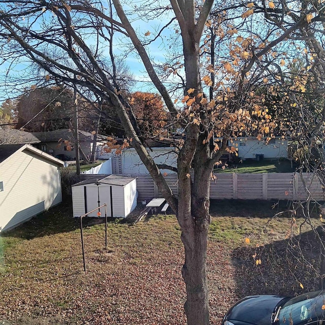 view of yard featuring a storage shed