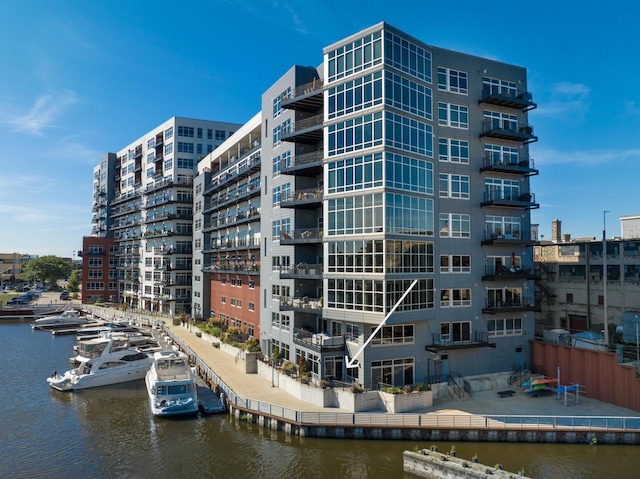 view of building exterior featuring a water view