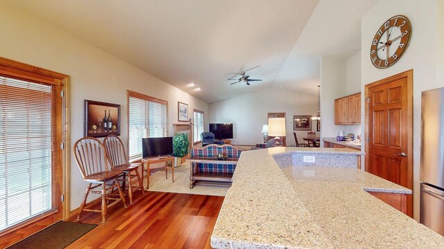 kitchen with vaulted ceiling, stainless steel refrigerator, plenty of natural light, dark hardwood / wood-style floors, and light stone countertops