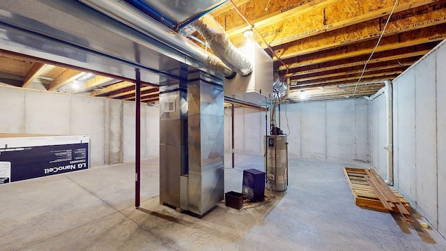 basement with heating unit and gas water heater