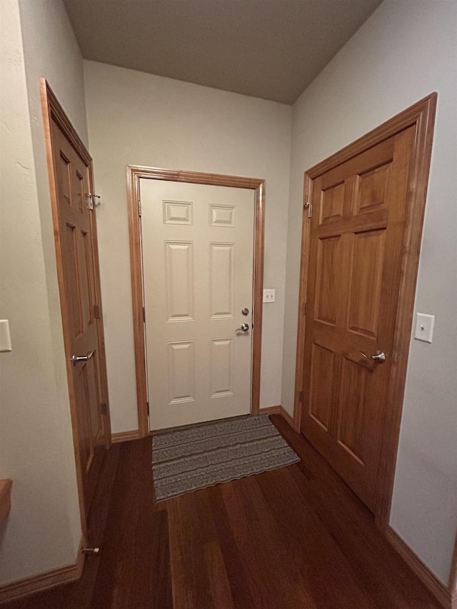 doorway with dark hardwood / wood-style flooring