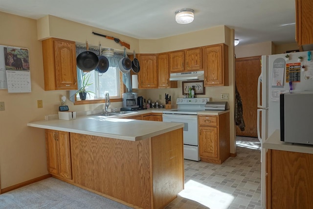 kitchen featuring kitchen peninsula, white appliances, and sink