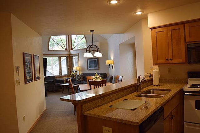 kitchen with light carpet, sink, kitchen peninsula, electric stove, and stainless steel dishwasher