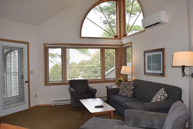 living room with baseboard heating, a healthy amount of sunlight, a wall mounted air conditioner, and carpet flooring