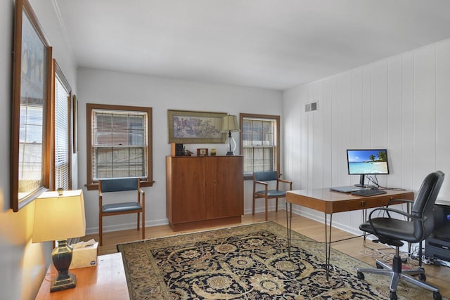 office space featuring wood-type flooring and wooden walls